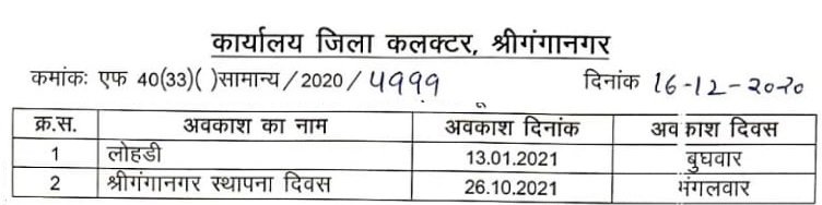 Rajasthan collector holiday list 2021 Ganganagar district collector declare two local holiday