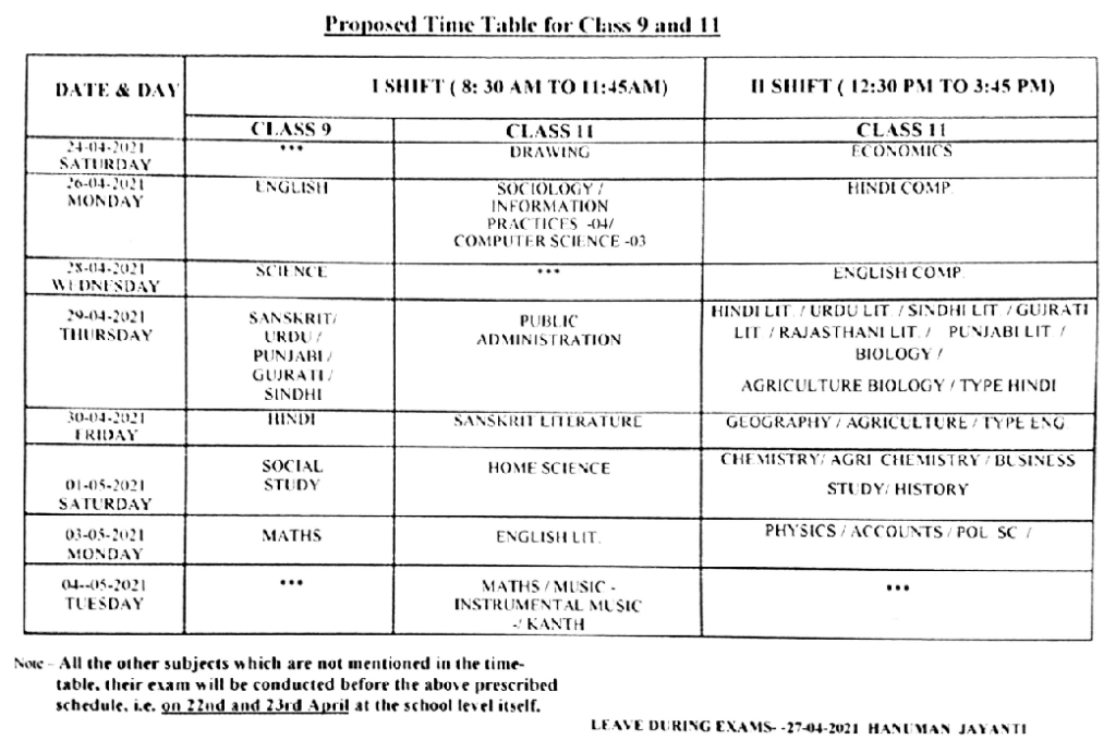 RBSE 9th/ 11th Exam Date Sheet 2021
