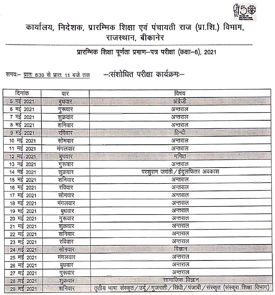 Rajasthan Board 8th Class New Time Table 2021, राजस्थान कक्षा 8 का संशोधित टाइम टेबल जारी किया